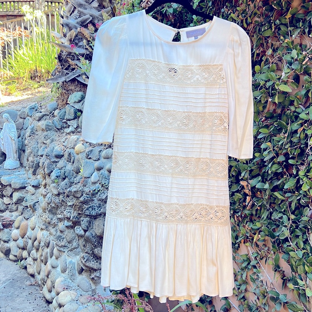 Magali Pascal white lace minidress with dropped waist—size small